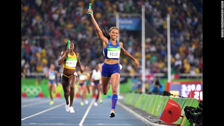 American runner Allyson Felix celebrates as she crosses the finish line to win the women&#39;s 4x400-meter relay final on Saturday, August 20. The win gives Felix her 6th career gold.