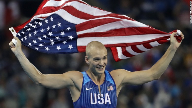 Bronze medal winner United States&#39; Sam Kendricks celebrates after the final of the men&#39;s pole vault during the athletics competitions of the 2016 Summer Olympics at the Olympic stadium in Rio de Janeiro, Brazil, Monday, Aug. 15, 2016.