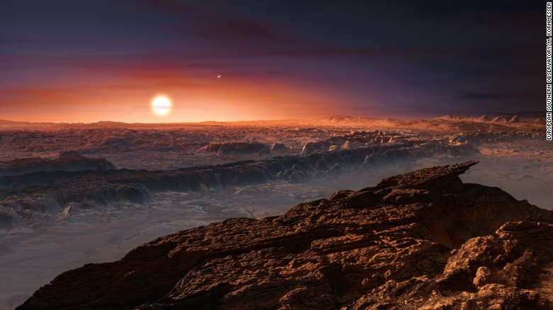 This artist's impression shows a view of the surface of the planet Proxima b.