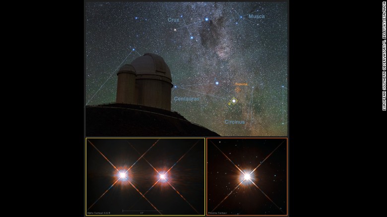 A view of the southern skies over the ESO 3.6-meter telescope at La Silla Observatory in Chile with images of the stars Proxima Centauri (lower right) and the double star Alpha Centauri AB (lower left).