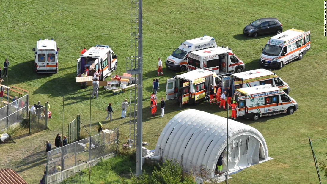 An emergency hospital camp is set up to treat earthquake victims in Arquata del Tronto.