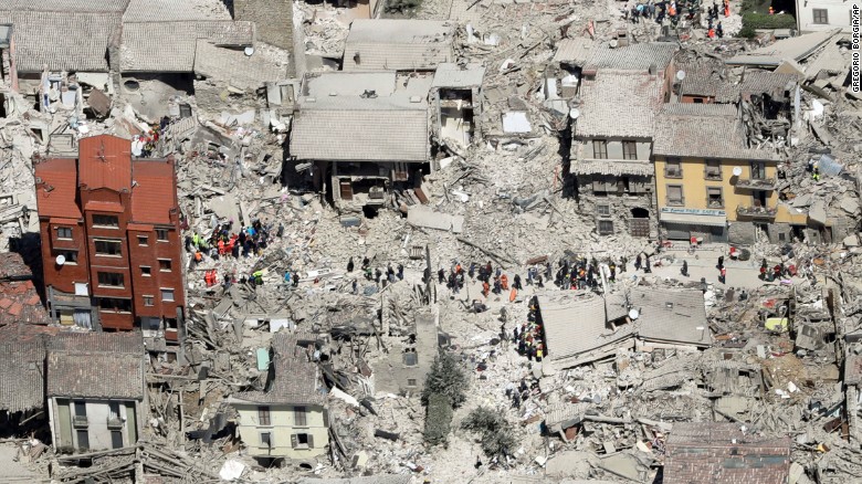 This aerial photo shows damaged buildings in Amatrice. The quake struck at 3:36 a.m and was felt across a broad swath of central Italy.