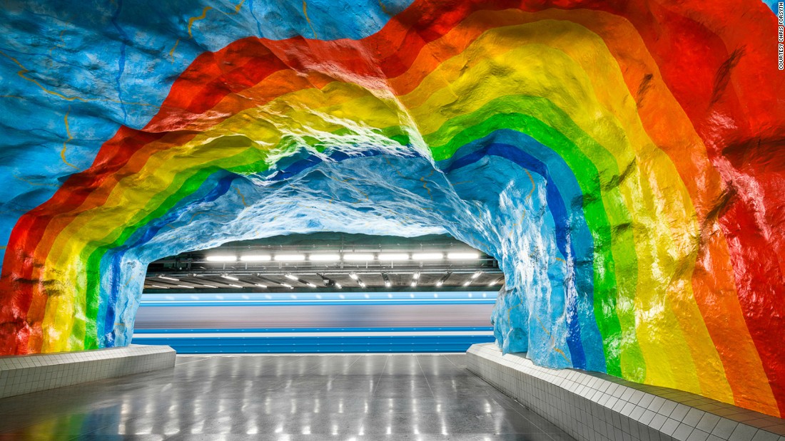 Stockholm's Tunnelbana metro system stretches 110 kilometers. Since the 1950s, more than 150 artists have left their signature imprints on its stations. Pictured: Stadion, Stockholm. <br />