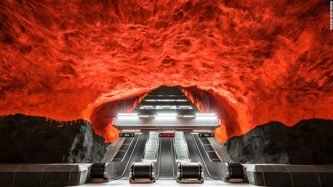 "Stockholm's Tunnelbana is known as the world's longest art exhibit," Forsyth explains. "Many of its stations have kept their raw, cave-like form, and include larger than life hand-painted walls and ceilings." Pictured: Solna Centrum, Stockholm. <br />