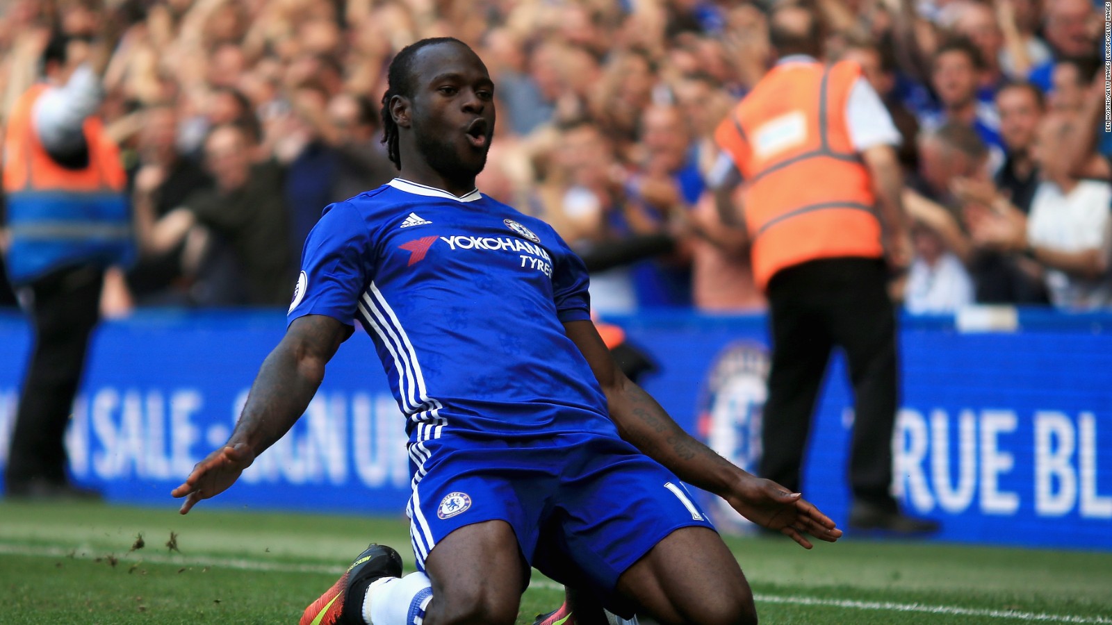 Victor Moses celebrates scoring Chelsea's third goal against Burnley.