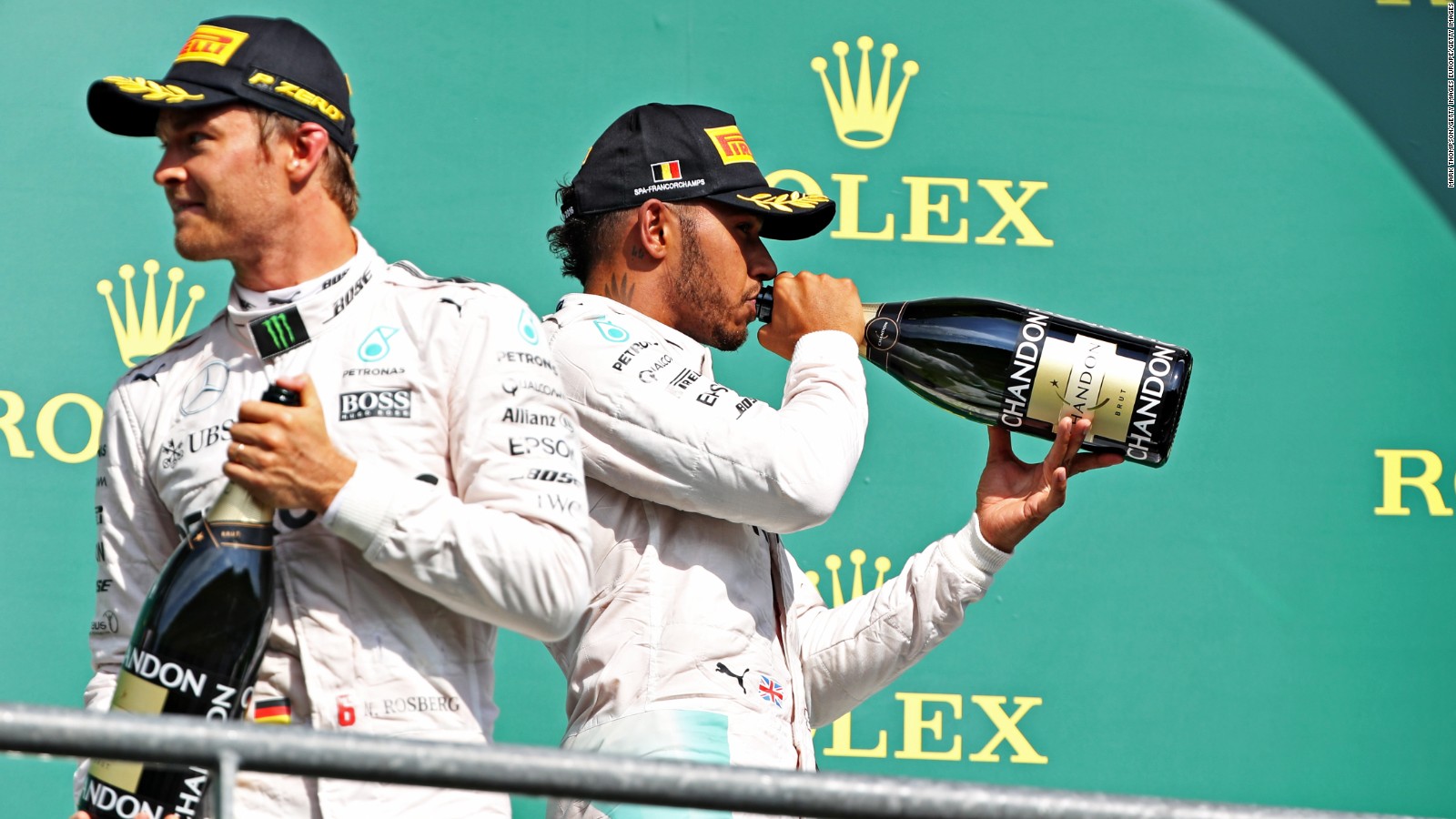 Nico Rosberg (left) and Lewis Hamilton celebrate on the podium after the Belgian Grand Prix.