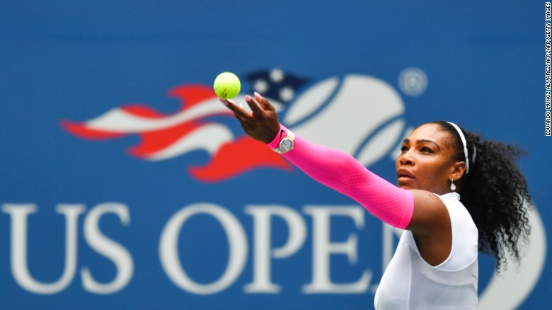 Serena Williams serves to Johanna Larsson during the pair&#39;s 2016 US Open round three match.