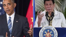 This combination image of two photographs taken on September 5, 2016 shows, at left, US President Barack Obama speaking during a press conference following the conclusion of the G20 summit in Hangzhou, China, and at right, Philippine President Rodrigo Duterte speaking during a press conference in Davao City, the Philippines, prior to his departure for Laos to attend the ASEAN summit. 

US President Barack Obama on September 5 called a planned meeting with Rodrigo Duterte into question after the Philippine leader launched a foul-mouthed tirade against him.
 / AFP / Saul LOEB AND MANMAN DEJETO        (Photo credit should read SAUL LOEB,MANMAN DEJETO/AFP/Getty Images)