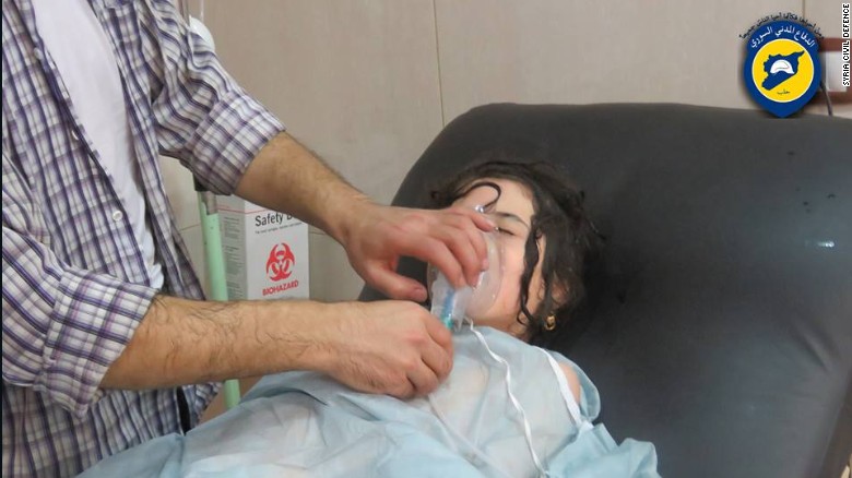 This still from a video shows a girl treated at a makeshift hospital after what a rescue group called a chemical attack on her Aleppo neighborhood.