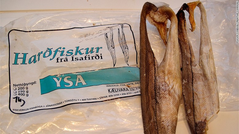 Harðfiskur is fish jerky made of dried fish (mostly cod, haddock or seawolf). It&#39;s usually eaten slathered in butter.