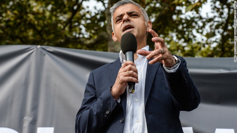 LONDON, ENGLAND - OCTOBER 10: Labour Mayoral candidate Sadiq Khan speaks at a rally against a third runway at Heathrow airport, in Parliament Square on October 10, 2015 in London, England. Before today&#39;s rally against a third runway at Heathrow, Parliamentary hearings were announced yesterday to investigate whether the increase in flight traffic will break toxic air limits. (Photo by Chris Ratcliffe/Getty Images)
