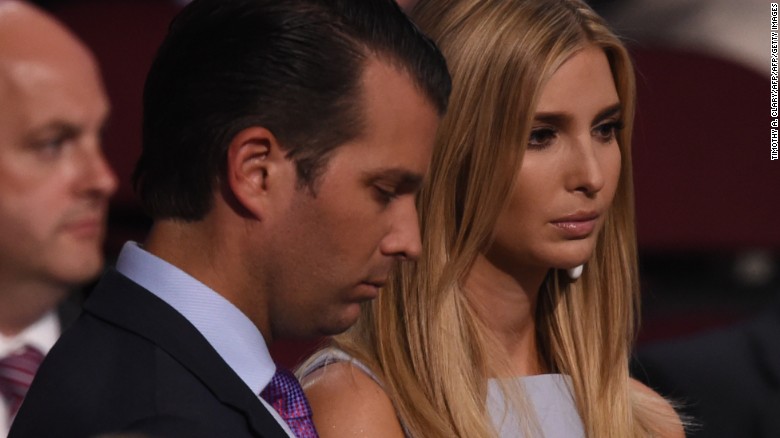Donald Trump, Jr., son of US Republican presidential candidate Donald Trump, and his sister Ivanka Trump arrive on the floor of the Republican National Convention on July 19, 2016 at Quicken Loans Arena in Cleveland, Ohio.

The Republican Party formally nominated Donald Trump for president of the United States, capping a roller-coaster campaign that saw the billionaire tycoon defeat 16 White House rivals. / AFP / Timothy A. CLARY        (Photo credit should read TIMOTHY A. CLARY/AFP/Getty Images)