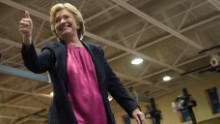 Democratic presidential nominee Hillary Clinton leaves after speaking during a North Carolina Democratic Party Rally at Wake Technical Community College September 27, 2016 in Raleigh, North Carolina. / AFP PHOTO / Brendan SmialowskiBRENDAN SMIALOWSKI/AFP/Getty Images