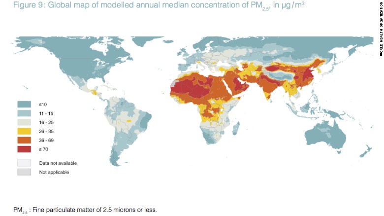 A new map of annual levels of PM2.5, released by the World Health Organization on Tuesday.