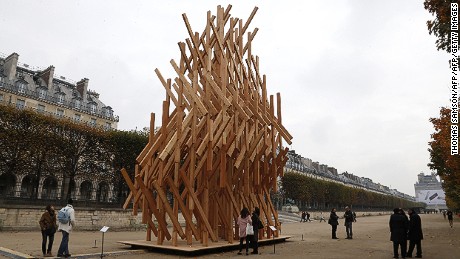 A climbing frame built by Japanese architect Kengo Kuma at the Tuileries Garden as part of the FIAC international contemporary art fair in Paris on October 20, 2015.