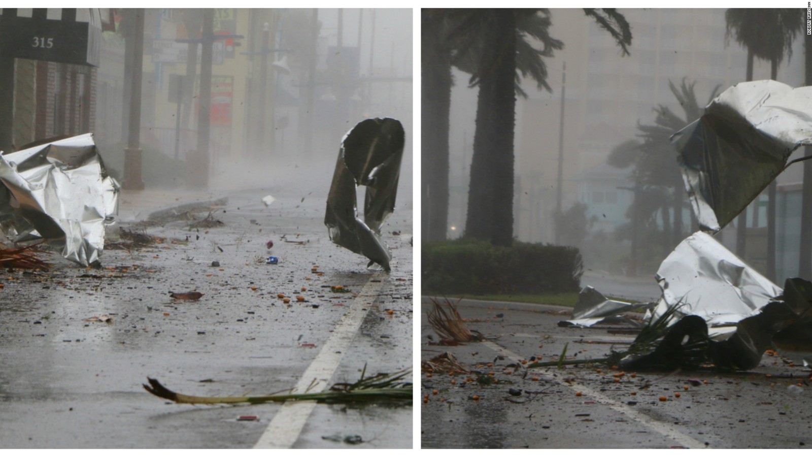 Debris flies through the streets of Daytona Beach.