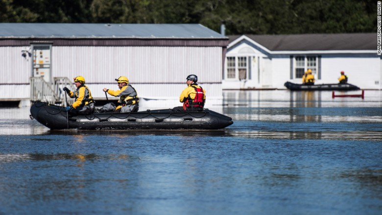 Rescue teams navigate floodwaters in Lumberton, North Carolina, on Monday, October 10. Hurricane Matthew caused flooding and damage in several U.S. states after slamming island nations in the Caribbean.