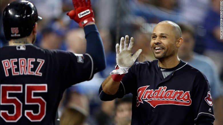 The Indians' Coco Crisp celebrates after hitting a home run in the fourth inning of game 5 in the ALCS