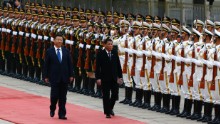 BEIJING, CHINA - OCTOBER 20: President of the Philippines Rodrigo Duterte and Chinese President Xi Jinping review the honor guard as they attend a welcoming ceremony at the Great Hall of the People on October 20, 2016 in Beijing, China. Philippine President Rodrigo Duterte is on a four-day state visit to China, his first since taking power in late June, with the aim of improving bilateral relations.  (Photo by Thomas Peter-Pool/Getty Images)