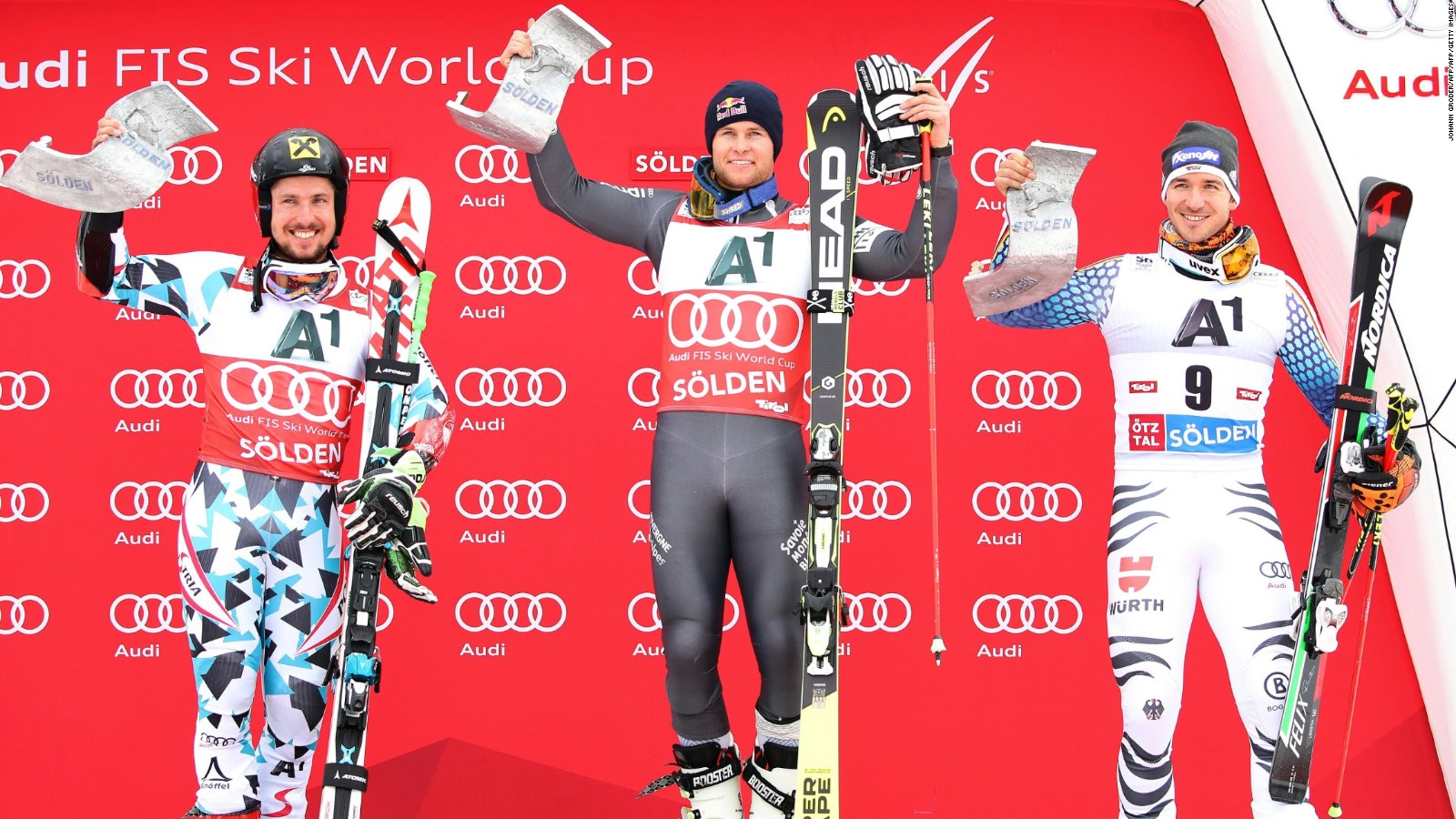 From left to right, Marcel Hirscher, Alexis Pinturault and Felix Neureuther. The trio made up the podium in the first race of the 2016 Alpine Skiing World Cup.