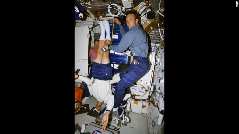 In 1994, astronaut Mark Lee had his height measured by fellow astronaut Jerry Linenger as part of a study on back pain.