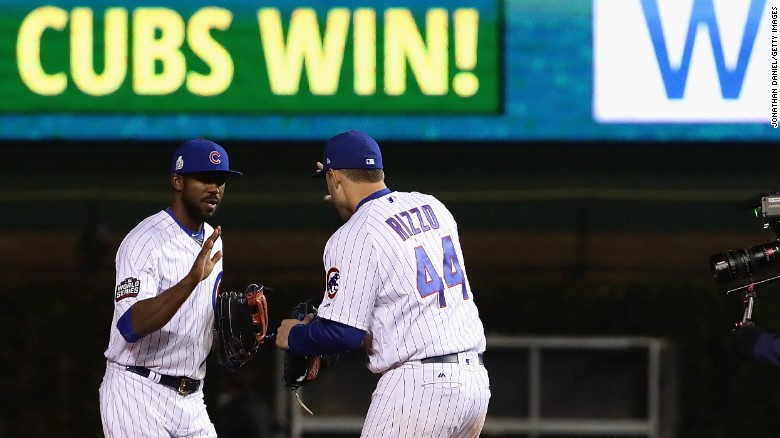 Dexter Fowler, left, and Anthony Rizzo, right, of the Chicago Cubs celebrate after beating the Cleveland Indians 3-2 in Game 5 of the 2016 World Series at Wrigley Field on Sunday, October 30 in Chicago. 