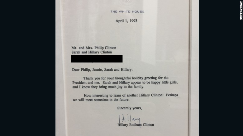 First Lady Hillary Clinton replied to a letter sent by her namesake&#39;s mother in 1993