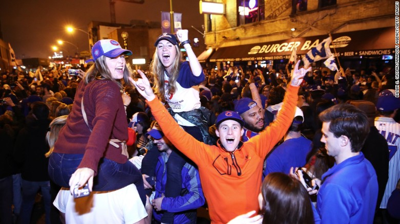 Chicago Cubs fans celebrate in the streets after their hard-luck team beat the Cleveland Indians 8-7 Wednesday night in the World Series to win their first championship in &lt;a href=&quot;http://www.cnn.com/2016/10/25/sport/gallery/last-cubs-world-series-win/index.html&quot; target=&quot;_blank&quot;&gt;108 years&lt;/a&gt;.