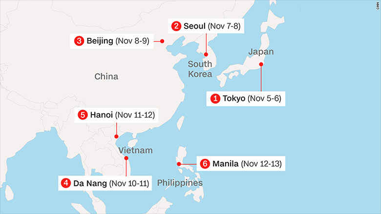 Trump Asia trip map