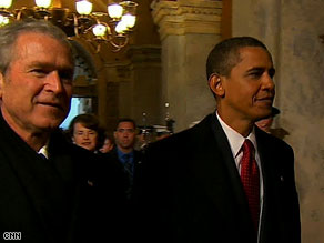President Bush and Barack Obama arrive in the Capitol before the swearing-in ceremony.