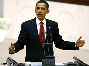 President Barack Obama addresses the Turkish parliament on Monday.
