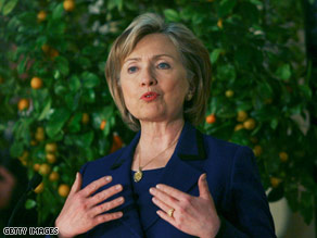 Secretary of State Hillary Clinton speaks during a meeting with Israeli Prime Minister Ehud Olmert.