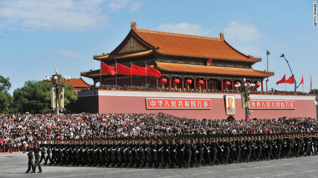 Chinese People's Liberation Army soldiers march past Tiananmen Square during a National Day parade in Beijing in 2009. 
