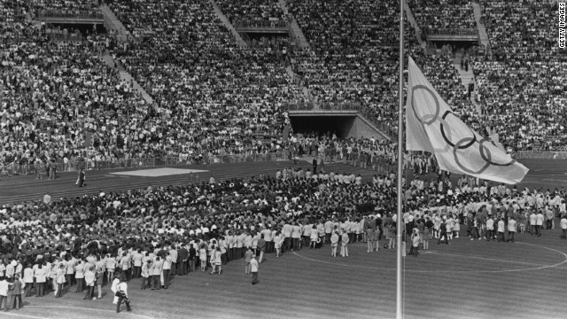 A memorial service is held during the 1972 Munich Olympics for the Israeli athletes and coaches killed by Palestinian terrorists.