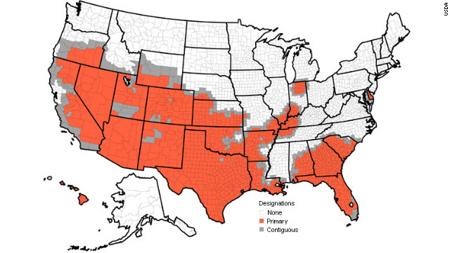 The Department of Agriculture said 1,016 counties in 26 states are natural disaster areas.