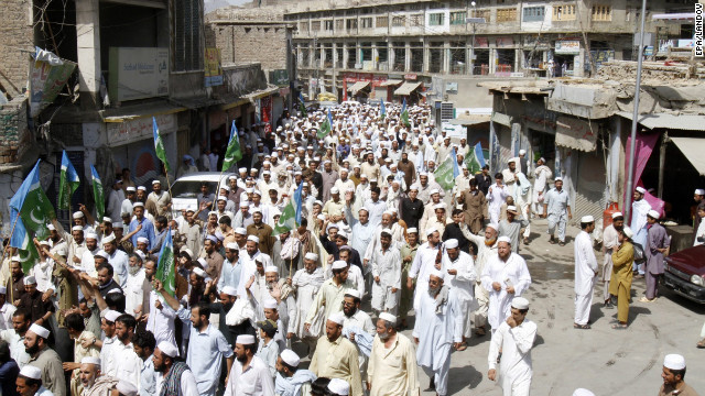 Supporters of Islamic political party Jamaat-e-Islami shout slogans during a protest in Khyber Agency on Saturday.