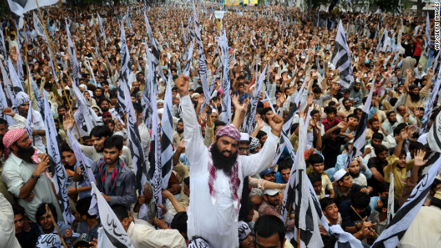 Supporters of Pakistan's outlawed Islamic hard-line group Jamaat ud Dawa shout anti-U.S. slogans during a rally against an anti-Islam movie in Lahore, Pakistan, on Sunday.