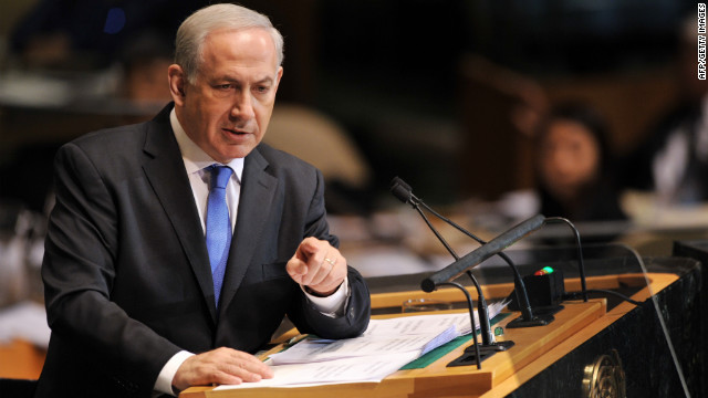 Benjamin Netanyahu, prime minister of Israel, speaks during the 67th session of the United Nations General Assembly on Thursday, September 27, at U.N. headquarters in New York. The event unites more than 100 heads of state and government for high-level meetings on nuclear safety, regional conflicts, health and nutrition and environment issues.