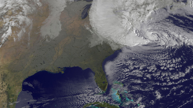=A satellite image shows Hurricane Sandy on Monday, October 29, at 8:25 a.m. ET. Forecasters warned that Sandy was likely to collide with a cold front and spawn a &amp;quot;superstorm&amp;quot; that could generate flash floods, snowstorms and massive power outages.