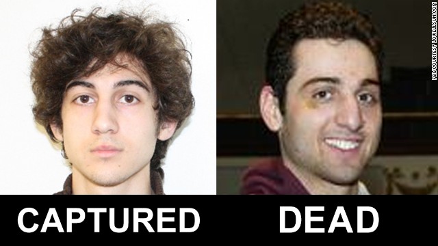 The FBI released photos and video of two men identified as Suspect 1 and Suspect 2 in the deadly bombings at the Boston Marathon. They have been identified as Dzhokhar Tsarnaev, 19, and Tamerlan Tsarnaev, 26. <a href='http://www.cnn.com/SPECIALS/us/boston-bombings-galleries/index.html'>See all photography related to the Boston bombings.</a>