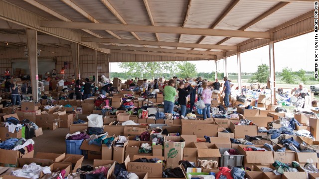Outsiders 
have responded to the disaster in West. The fair and rodeo grounds, site of the annual Westfest celebrating the town's Czech heritage, is the hub for donations from near and far. Separate from the food and the stacks of bottled water are clothes, toiletries, dishes, books, diapers, toys -- you name it.