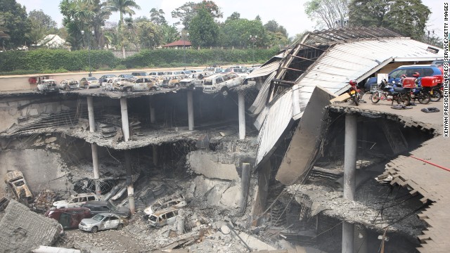 Images released by the Kenyan Presidential Press Service on Thursday, September 26, show scenes of destruction in the parking deck outside the Westgate mall after the four-day siege by militants. 