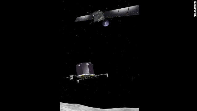 In November, Rosetta will become the first spacecraft to deploy a robot for a soft landing on a comet. It also will be the first probe to escort a comet into our inner solar system. This drawing shows how Rosetta will drop its robot lander, Philae, onto the comet.