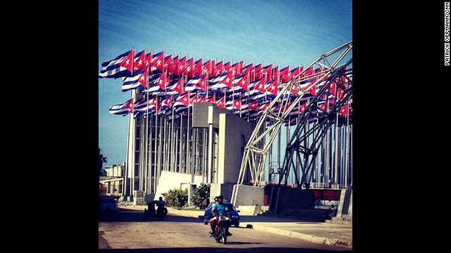 Cuban flags all but block out the U.S. diplomatic mission in Havana during frostier diplomatic times.