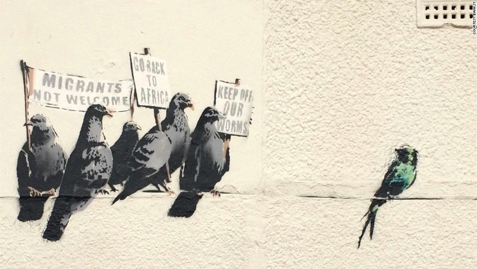 A Banksy mural depicting pigeons holding anti-immigration signs was destroyed by the local council in Clacton-on-Sea, England, in October 2014 after the council received complaints that the artwork was offensive.