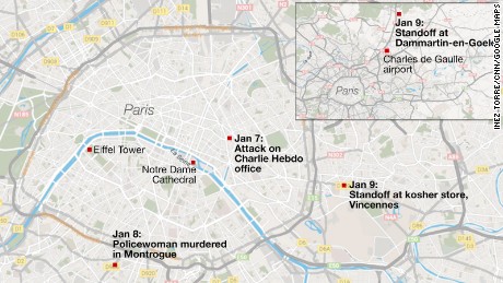 Map: Standoffs near Paris, France
