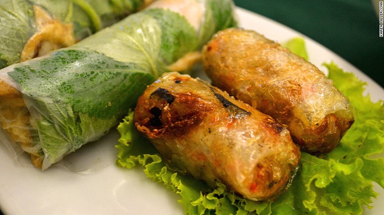 Goi cuon, left, are translucent spring rolls packed with salad greens, a slither of meat or seafood and a layer of coriander. As for the fried ones, in the north these parcels go by the name nem ran while southerners call them cha gio. The crispy shell surrounds a soft veggie and meat filling.