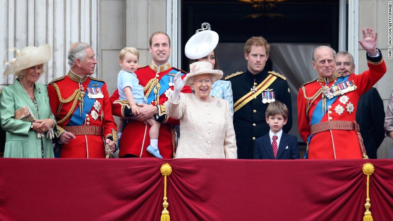 Members of the royal family stand on the balcony of Buckingham Palace during the Trooping the Colour on June 13, in London -- from left, Camilla, Duchess of Cornwall; Prince Charles, Prince of Wales; Prince George of Cambridge; Prince William, Duke of Cambridge; Catherine, Duchess of Cambridge; Queen Elizabeth II; Prince Harry; and Prince Philip, Duke of Edinburgh. The ceremony is the British monarch's annual birthday parade and dates back to the time of Charles II in the 17th century, when the colors of a regiment were used as a rallying point in battle. The Queen's actual birthday is April 21.
