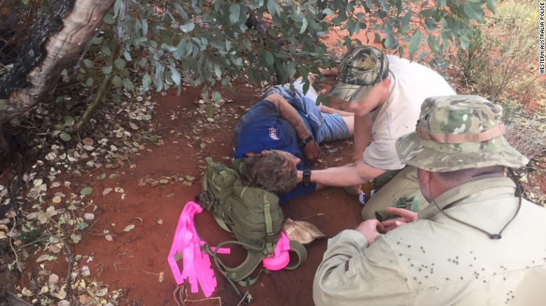 A hunter survived six days without water in a huge Australian desert by eating black ants, police said.