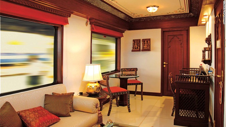 The decor of the Maharajas' Express was inspired by the golden days of the Raj, when Maharajas traveled with opulence and pomp in ostentatious carriages.